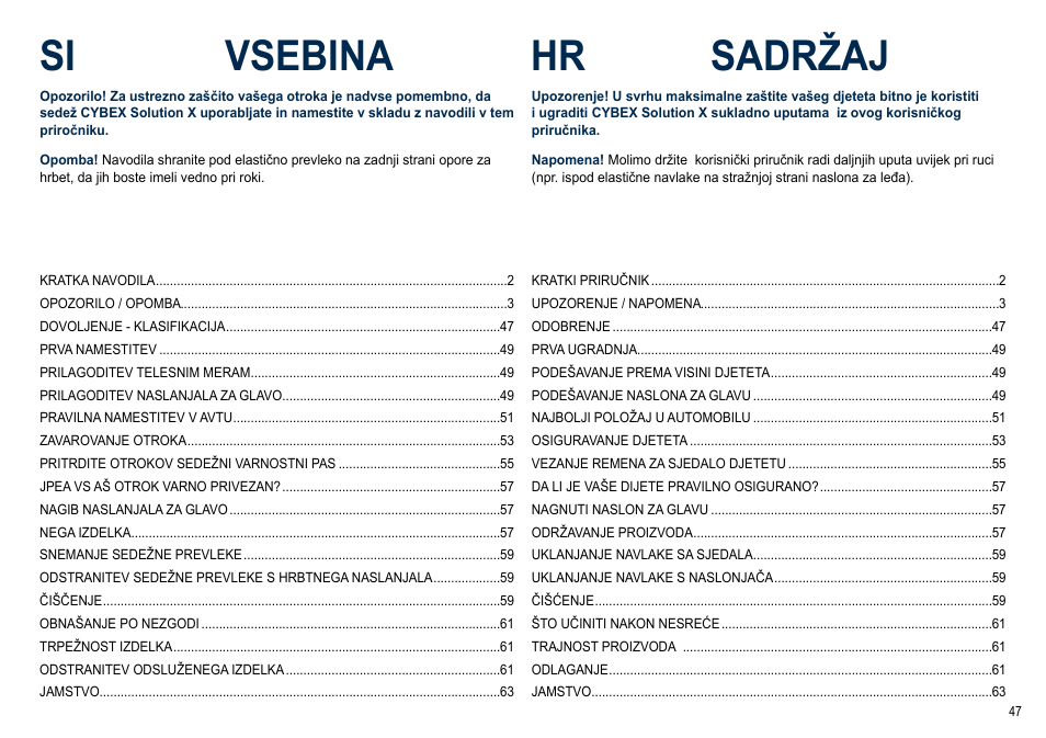 Si vsebina, Hr sadržaj | Cybex SOLUTION X User Manual | Page 47 / 64