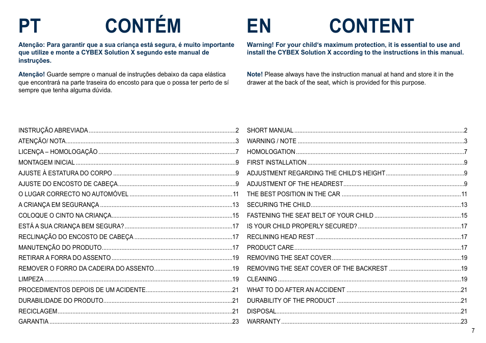 Pt contém, En content | Cybex SOLUTION X User Manual | Page 7 / 64