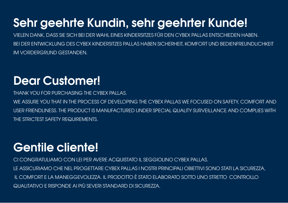 Sehr geehrte kundin, sehr geehrter kunde, Dear customer, Gentile cliente | Cybex PALLAS User Manual | Page 6 / 66