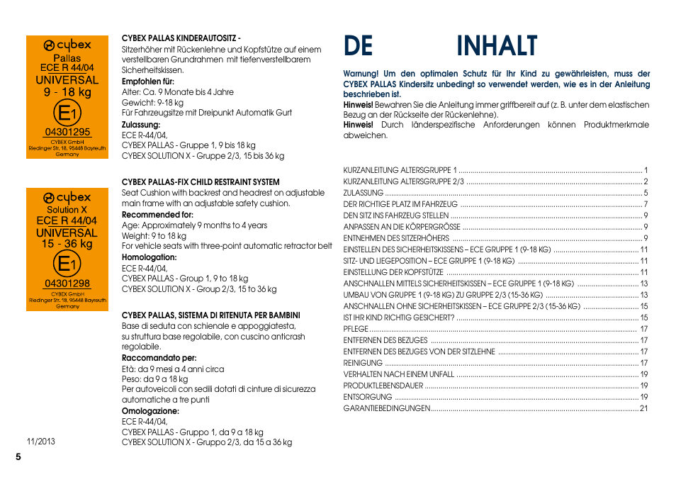 Inhalt | Cybex PALLAS User Manual | Page 7 / 66