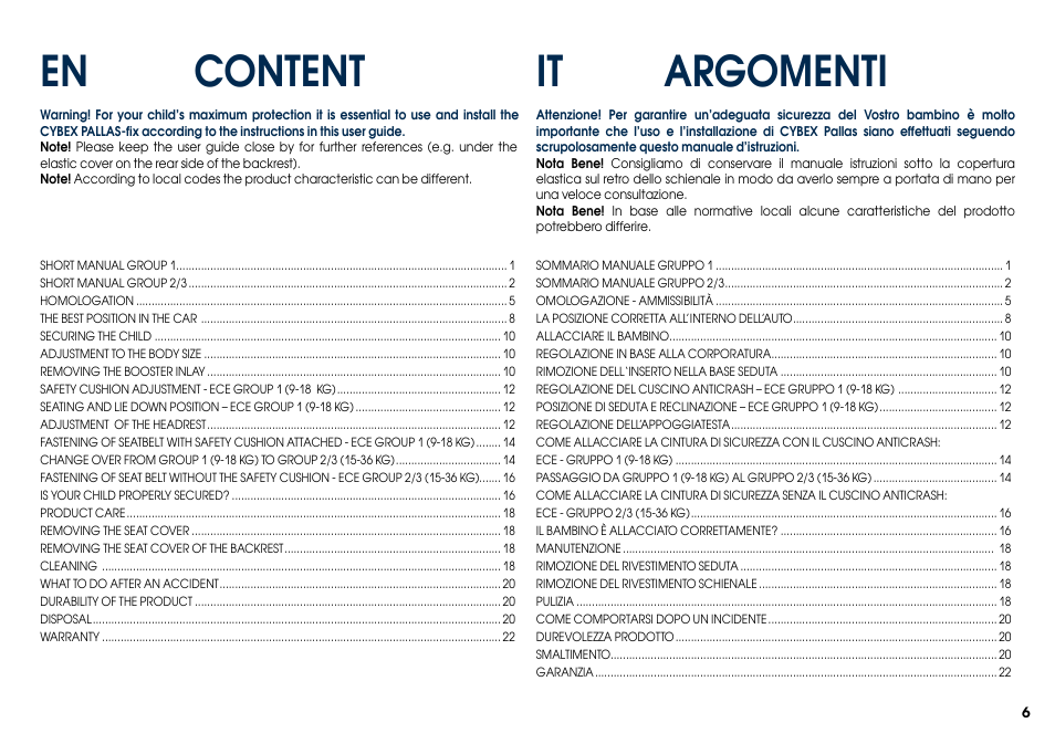It argomenti, Content en | Cybex PALLAS User Manual | Page 8 / 66