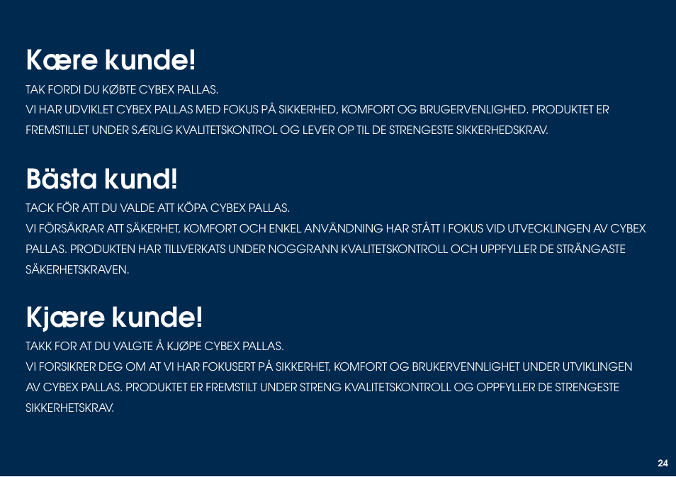 Kære kunde, Kjære kunde, Bästa kund | Cybex PALLAS User Manual | Page 26 / 64