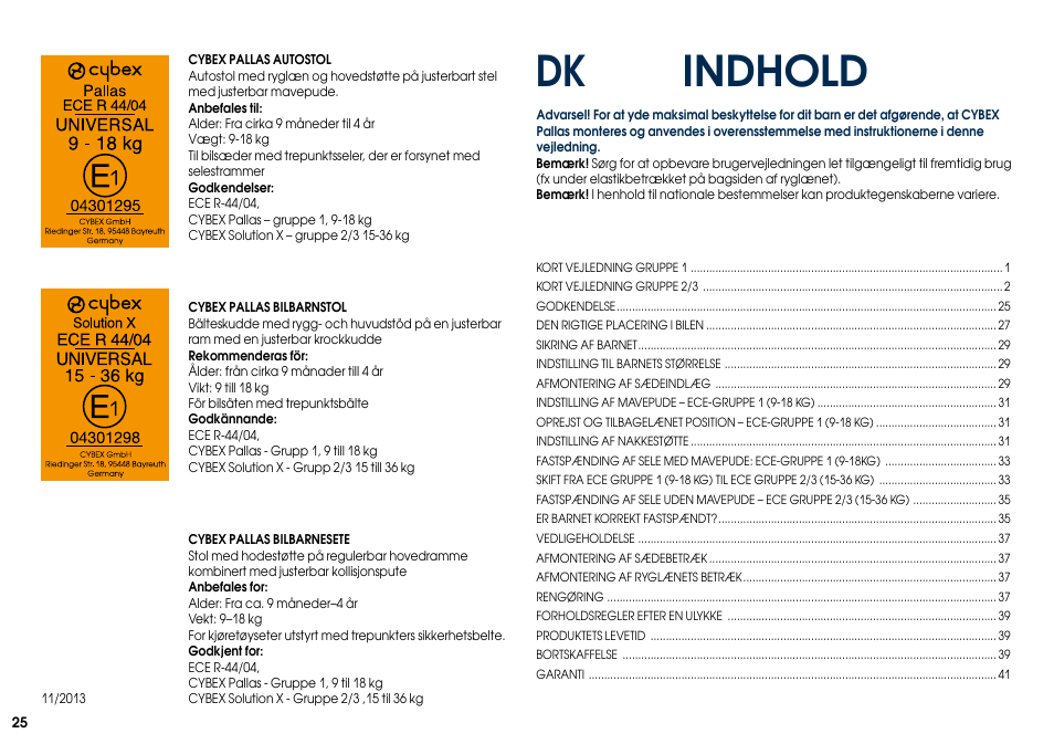 Indhold | Cybex PALLAS User Manual | Page 27 / 64