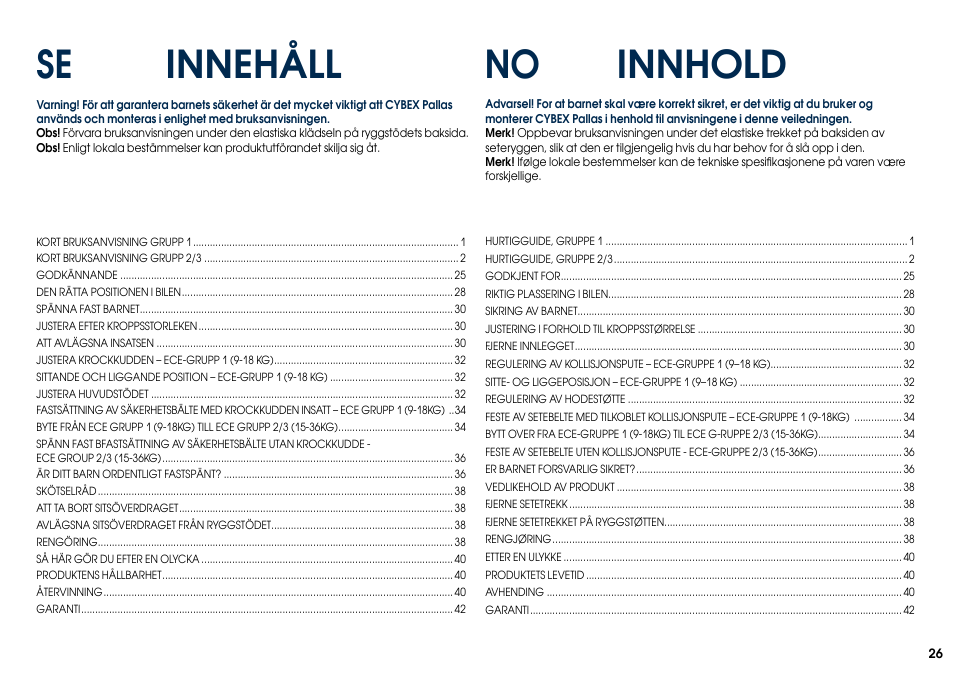 Innhold, No innehåll | Cybex PALLAS User Manual | Page 28 / 64