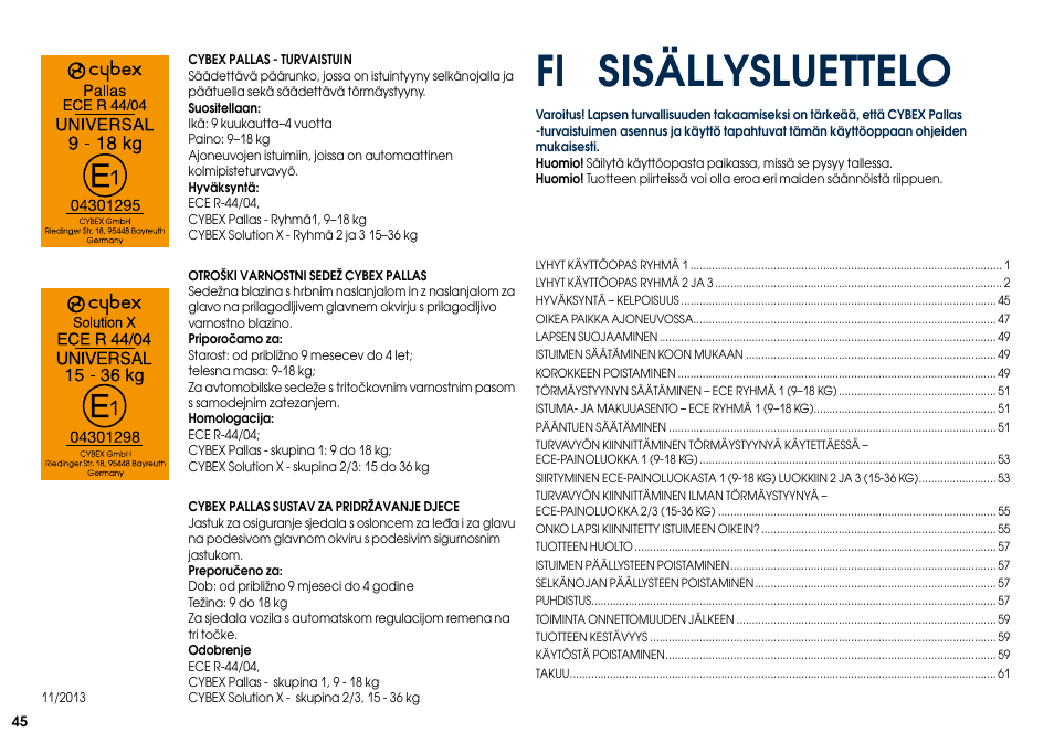 Sisällysluettelo | Cybex PALLAS User Manual | Page 47 / 64