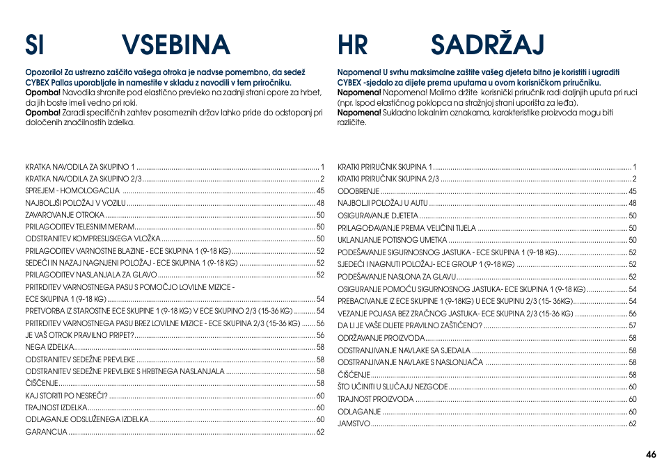 Sadržaj hr, Si vsebina | Cybex PALLAS User Manual | Page 48 / 64