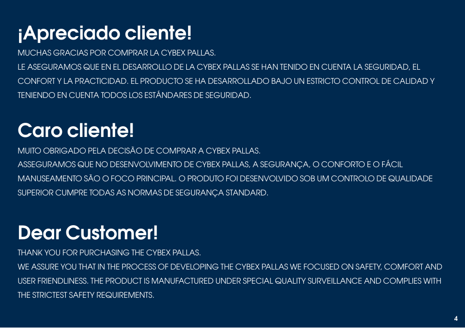 Dear customer, Apreciado cliente, Caro cliente | Cybex PALLAS User Manual | Page 6 / 64