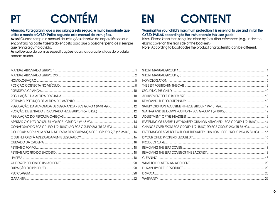 Content en, Pt contém | Cybex PALLAS User Manual | Page 8 / 64