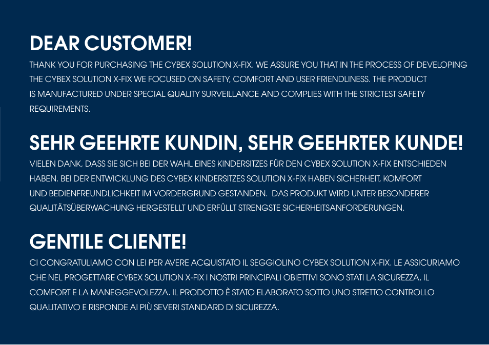 Dear customer, Sehr geehrte kundin, sehr geehrter kunde, Gentile cliente | Cybex SOLUTION X-FIX User Manual | Page 6 / 76