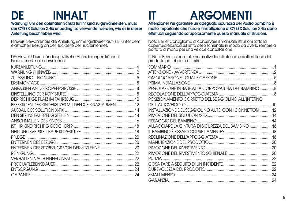 De inhalt, It argomenti | Cybex SOLUTION X-FIX User Manual | Page 8 / 76