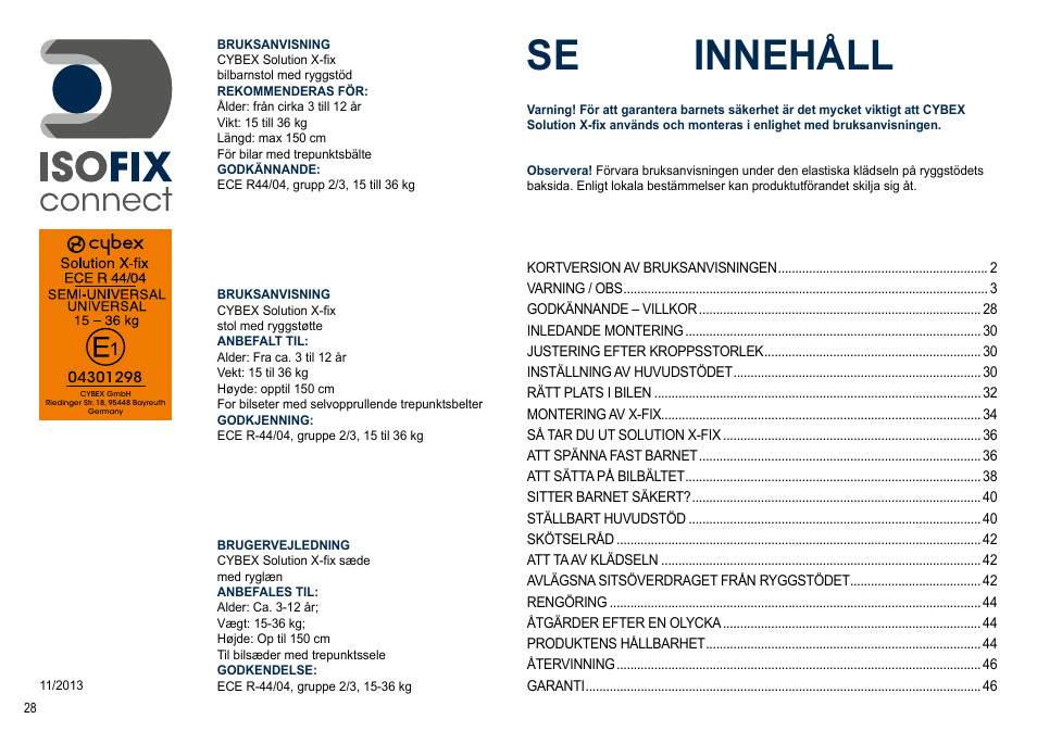Se innehåll | Cybex SOLUTION X-FIX User Manual | Page 28 / 72