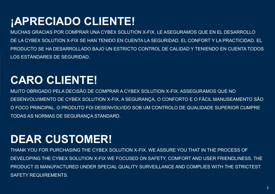 Dear customer, Apreciado cliente, Caro cliente | Cybex SOLUTION X-FIX User Manual | Page 5 / 72