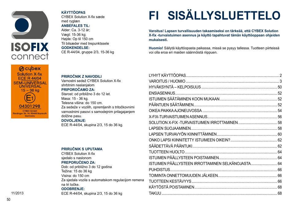 Fi sisällysluettelo | Cybex SOLUTION X-FIX User Manual | Page 50 / 72