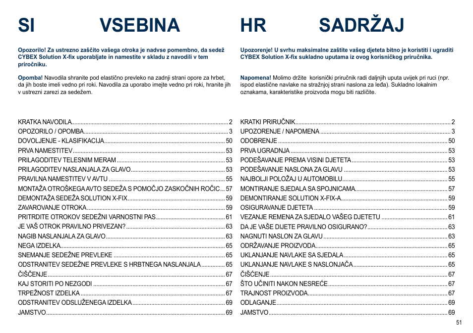 Si vsebina hr sadržaj | Cybex SOLUTION X-FIX User Manual | Page 51 / 72