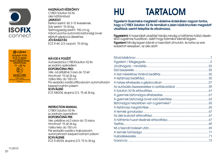 Hu tartalom | Cybex SOLUTION X2-FIX User Manual | Page 53 / 76