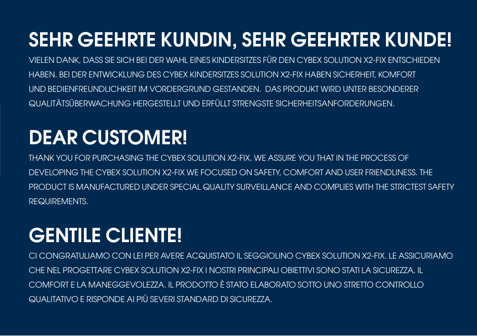 Dear customer, Sehr geehrte kundin, sehr geehrter kunde, Gentile cliente | Cybex SOLUTION X2-FIX User Manual | Page 6 / 76