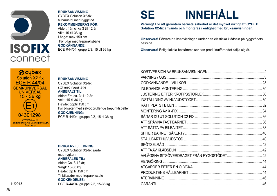 Se innehåll | Cybex SOLUTION X2-FIX User Manual | Page 28 / 72
