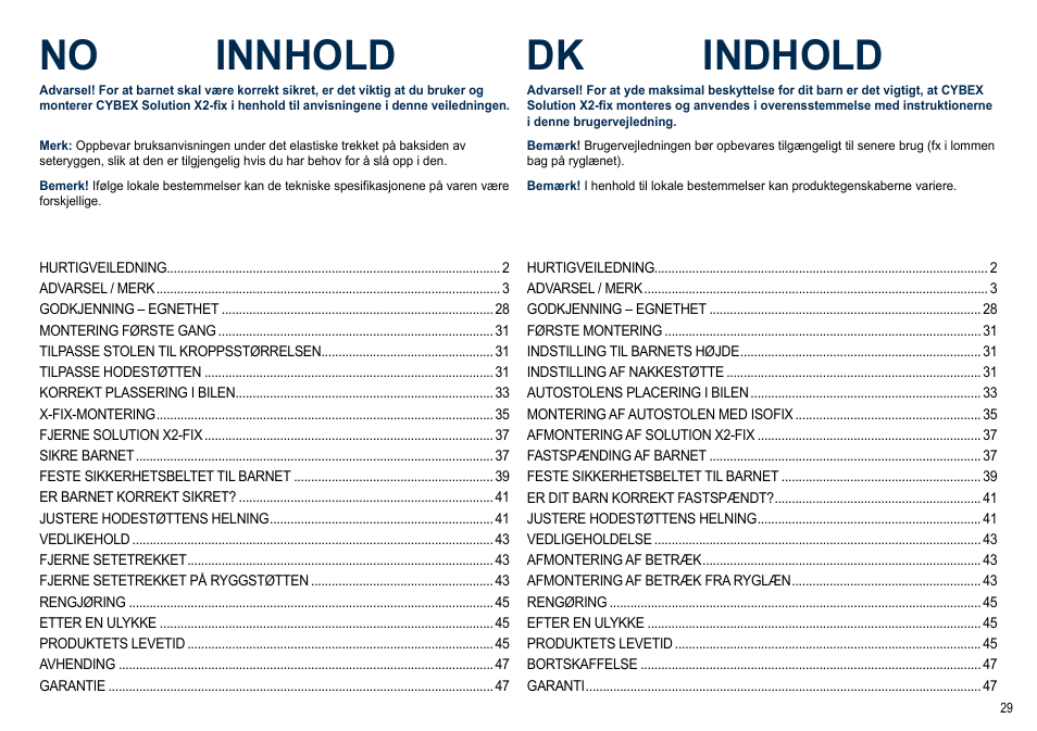 No innhold dk indhold | Cybex SOLUTION X2-FIX User Manual | Page 29 / 72