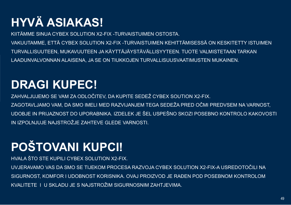 Poštovani kupci, Hyvä asiakas, Dragi kupec | Cybex SOLUTION X2-FIX User Manual | Page 49 / 72