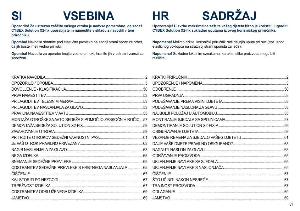 Si vsebina hr sadržaj | Cybex SOLUTION X2-FIX User Manual | Page 51 / 72