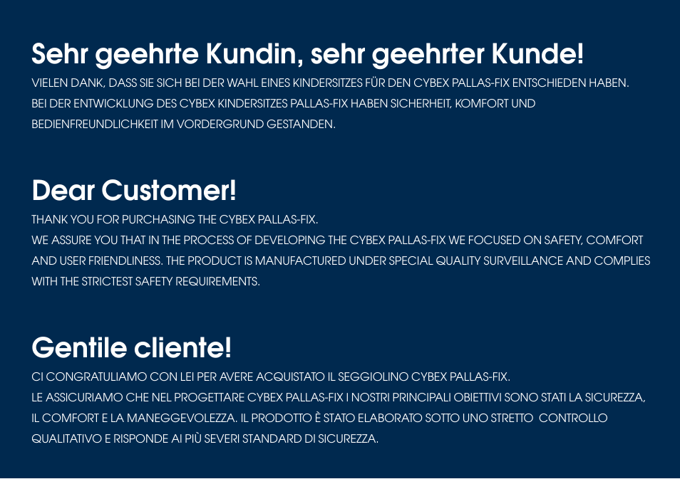 Sehr geehrte kundin, sehr geehrter kunde, Dear customer, Gentile cliente | Cybex PALLAS-FIX User Manual | Page 6 / 84