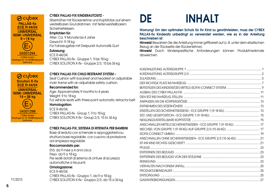 Inhalt | Cybex PALLAS-FIX User Manual | Page 7 / 84