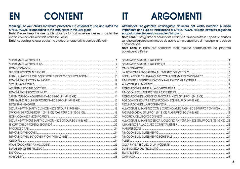 It argomenti, Content en | Cybex PALLAS-FIX User Manual | Page 8 / 84
