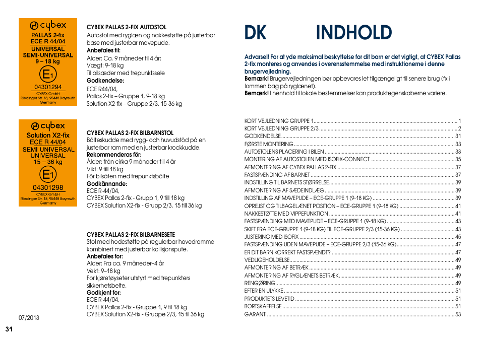 Indhold | Cybex PALLAS 2-FIX User Manual | Page 33 / 82