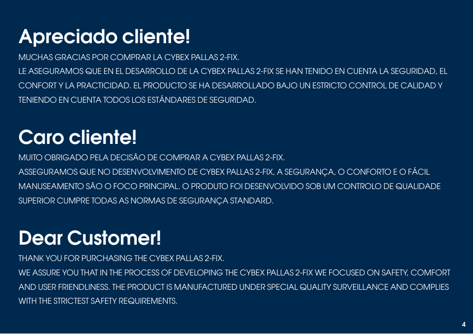 Dear customer, Apreciado cliente, Caro cliente | Cybex PALLAS 2-FIX User Manual | Page 6 / 82