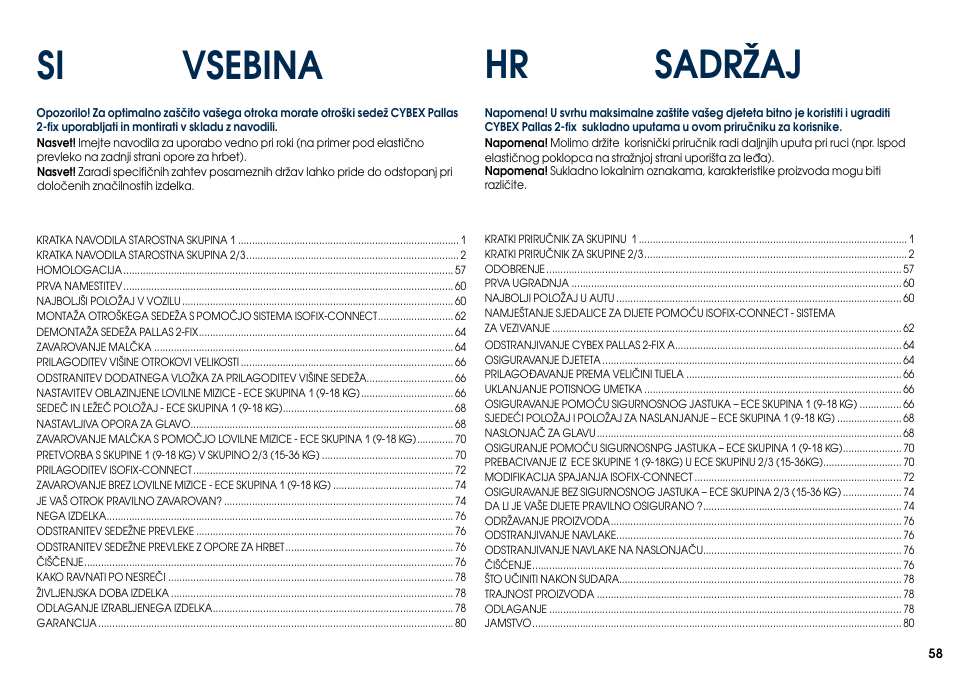 Vsebina, Sadržaj | Cybex PALLAS 2-FIX User Manual | Page 60 / 82