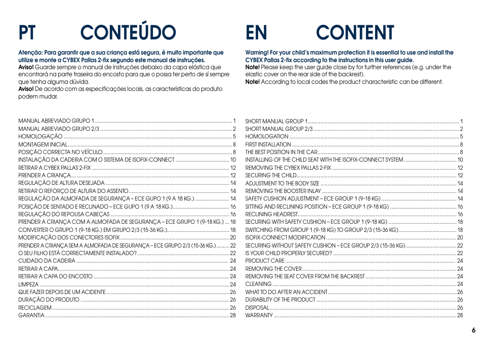 Content en conteúdo pt | Cybex PALLAS 2-FIX User Manual | Page 8 / 82