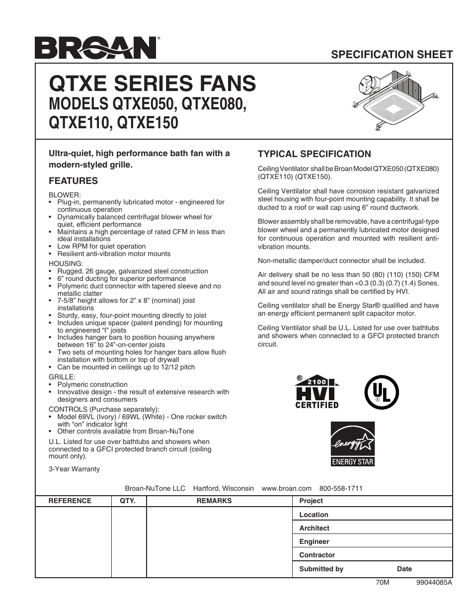 Broan QTXE110 User Manual | 2 pages