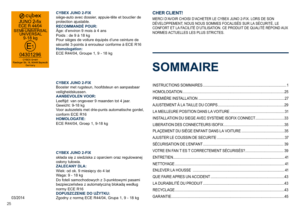 Sommaire | Cybex JUNO 2-FIX User Manual | Page 26 / 72