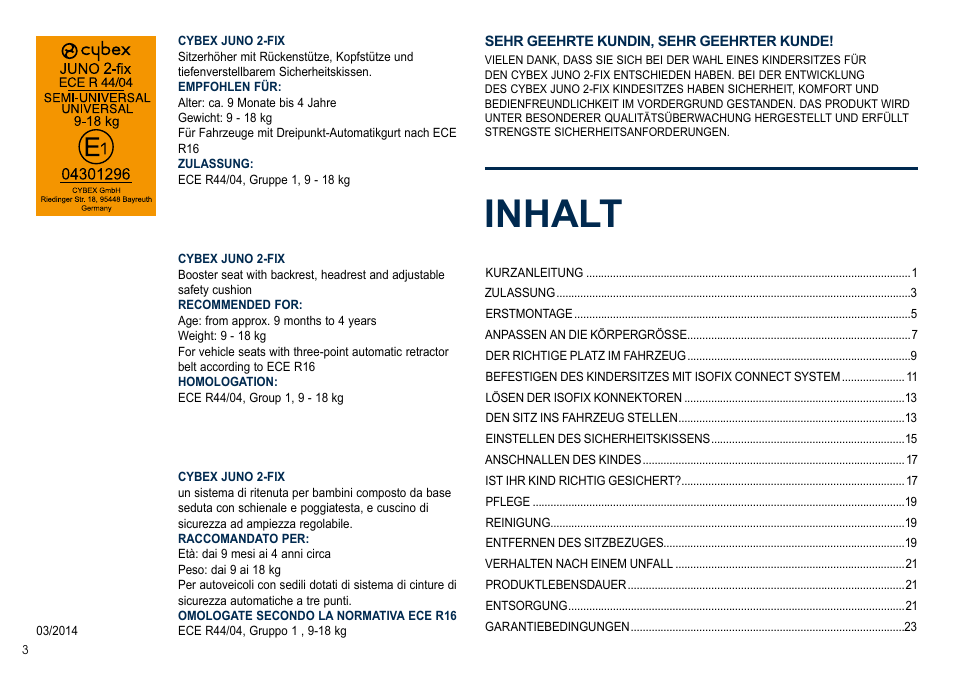 Inhalt | Cybex JUNO 2-FIX User Manual | Page 4 / 72