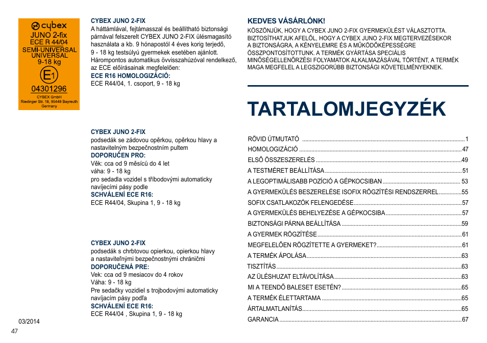 Tartalomjegyzék | Cybex JUNO 2-FIX User Manual | Page 48 / 72