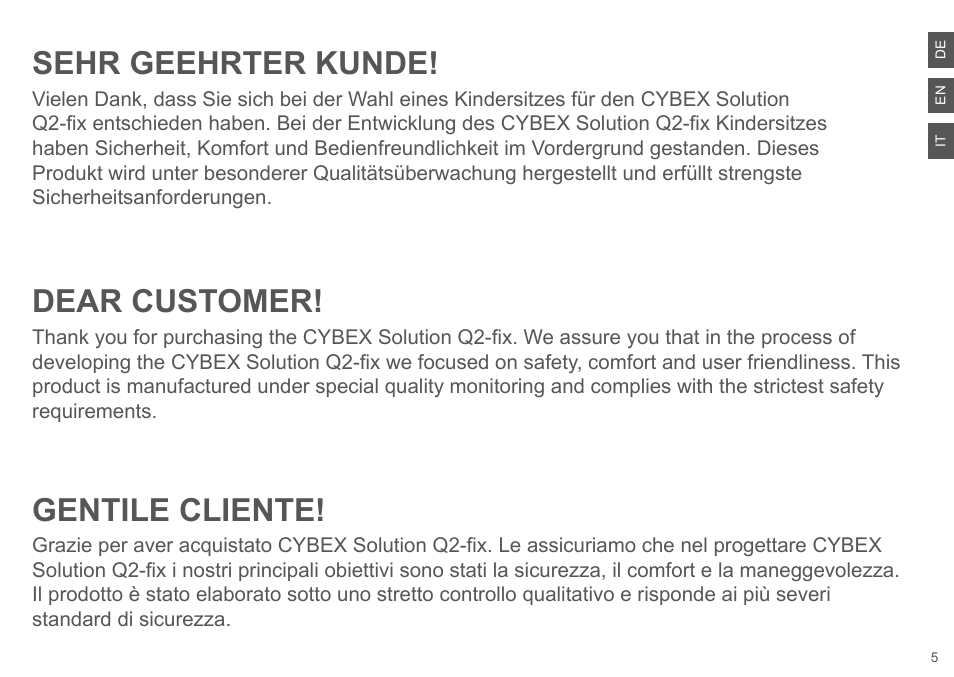 Sehr geehrter kunde, Dear customer, Gentile cliente | Cybex SOLUTION Q2-FIX User Manual | Page 5 / 100