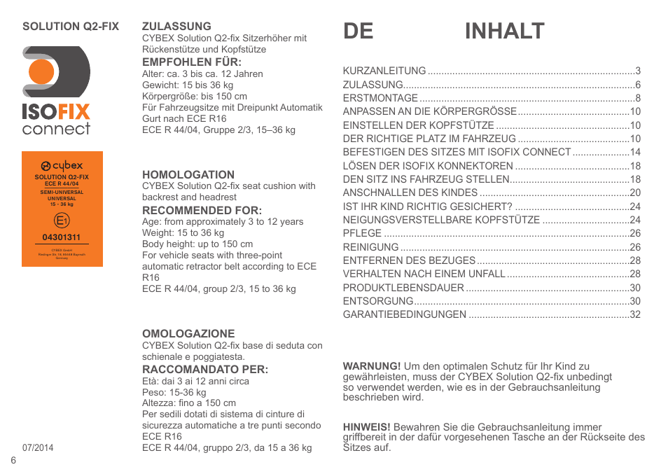 Inhalt de | Cybex SOLUTION Q2-FIX User Manual | Page 6 / 100