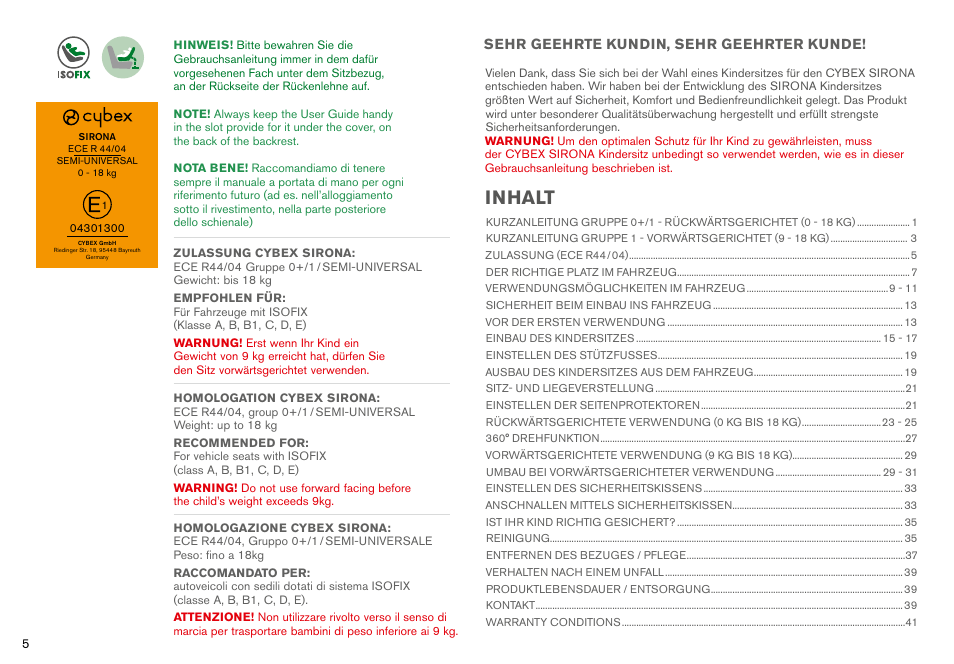 Inhalt | Cybex SIRONA User Manual | Page 7 / 120