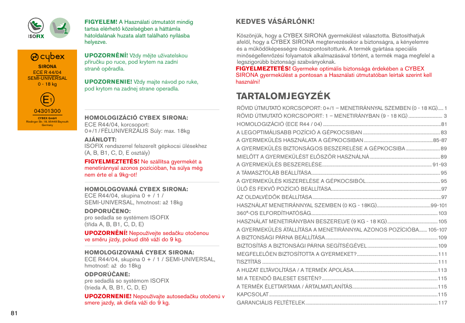 Tartalomjegyzék | Cybex SIRONA User Manual | Page 83 / 120