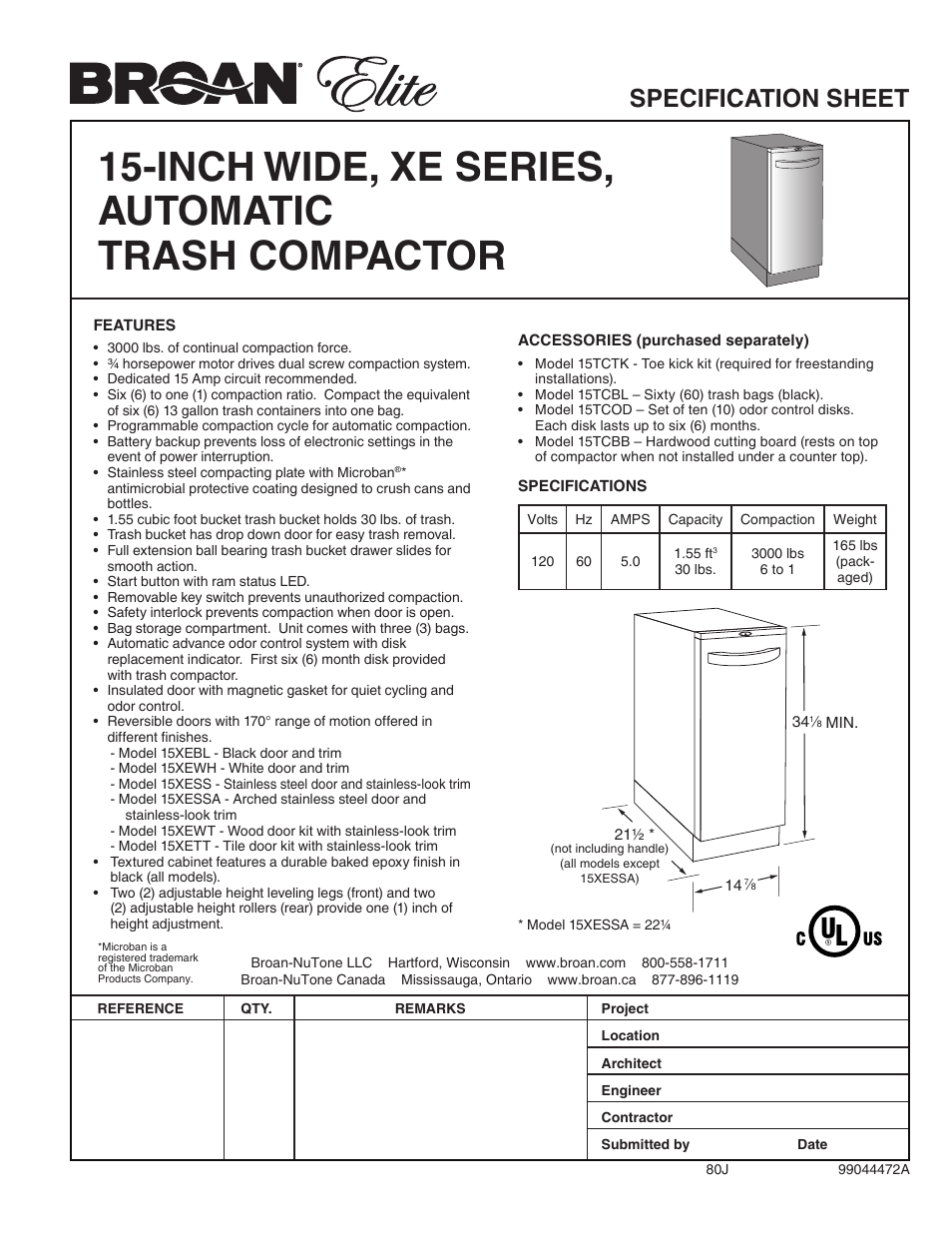 Broan Elite 15XeBl User Manual | 1 page