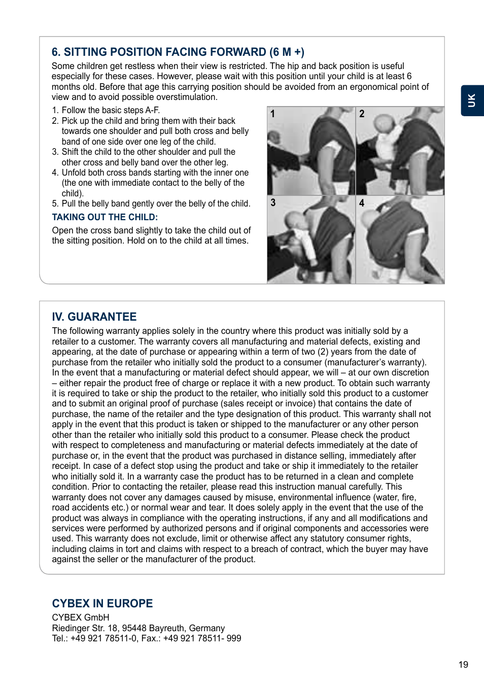 Cybex in europe, Sitting position facing forward (6 m +), Iv. guarantee | Cybex U.GO User Manual | Page 19 / 76