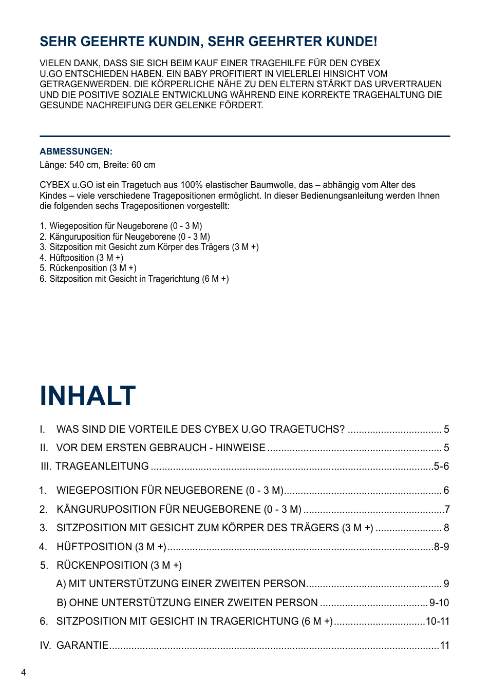 Inhalt, Sehr geehrte kundin, sehr geehrter kunde | Cybex U.GO User Manual | Page 4 / 76