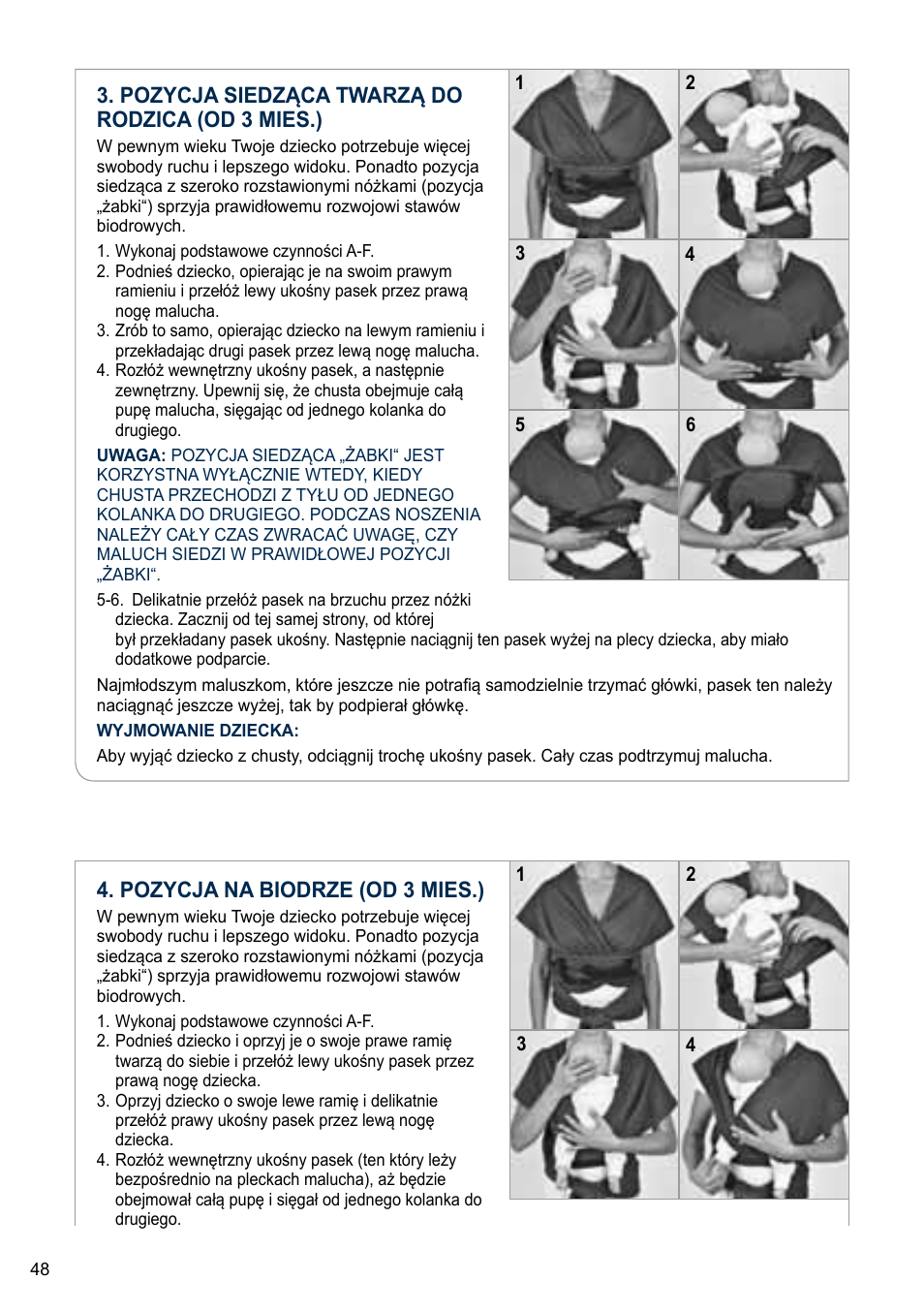 Pozycja siedząca twarzą do rodzica (od 3 mies.), Pozycja na biodrze (od 3 mies.) | Cybex U.GO User Manual | Page 48 / 76