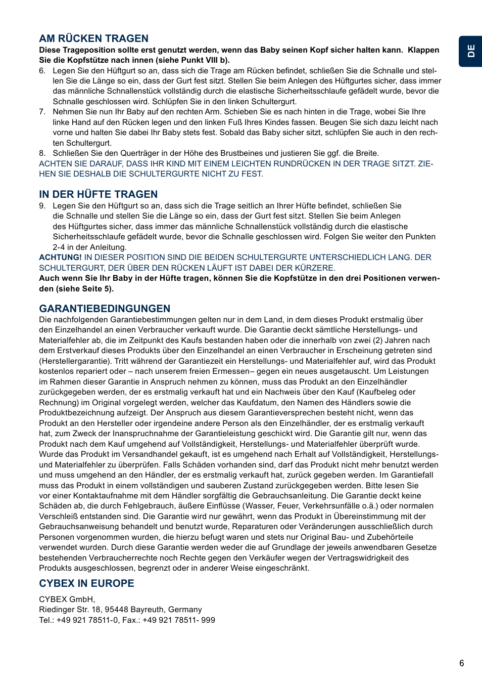 Am rücken tragen, Garantiebedingungen, Cybex in europe | Cybex 2.GO User Manual | Page 10 / 44