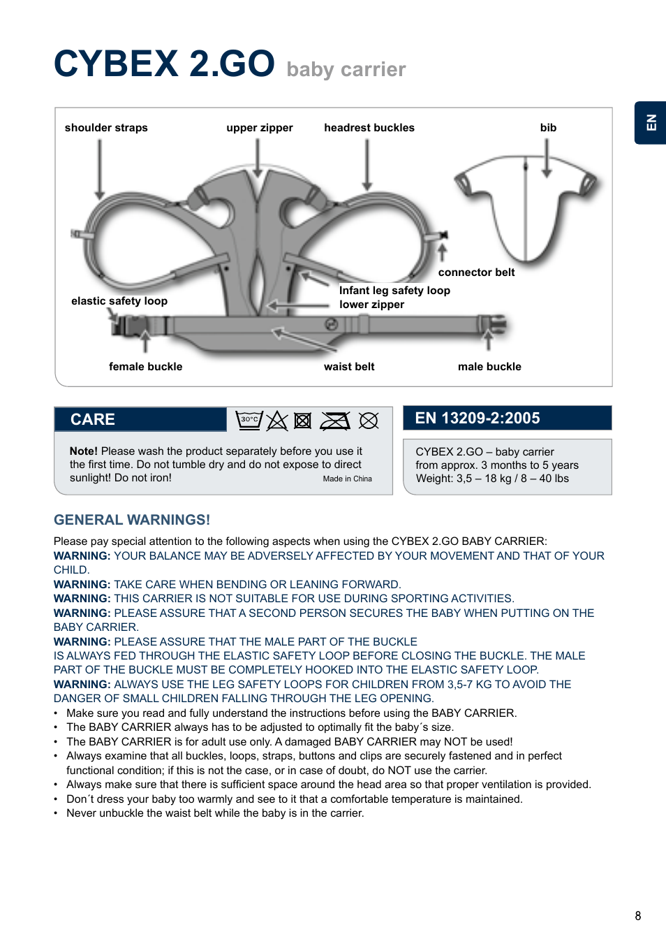 Cybex 2.go, Baby carrier, Care | Cybex 2.GO User Manual | Page 12 / 44