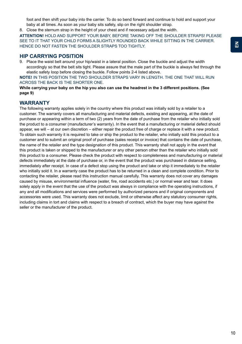Hip carrying position, Warranty | Cybex 2.GO User Manual | Page 14 / 44