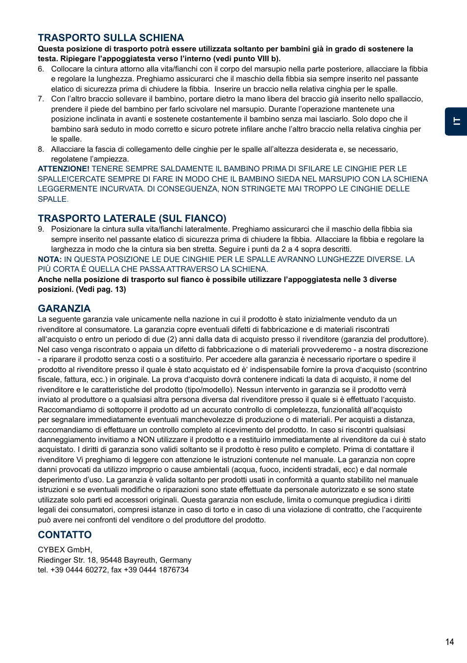 Trasporto sulla schiena, Trasporto laterale (sul fianco), Garanzia | Contatto | Cybex 2.GO User Manual | Page 18 / 44