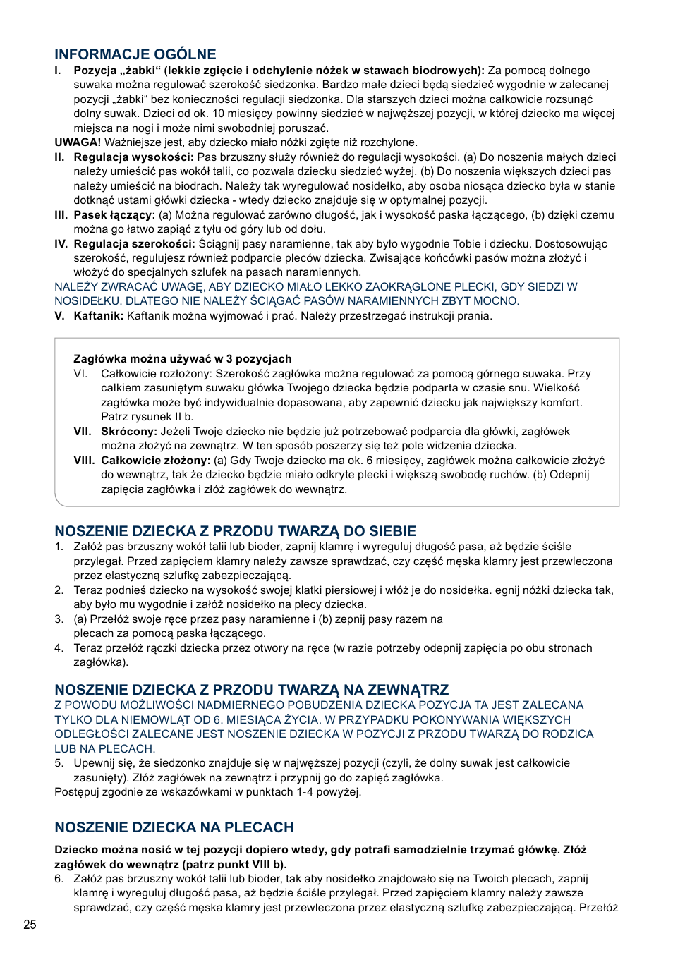 Informacje ogólne, Noszenie dziecka z przodu twarzą do siebie, Noszenie dziecka z przodu twarzą na zewnątrz | Noszenie dziecka na plecach | Cybex 2.GO User Manual | Page 29 / 44