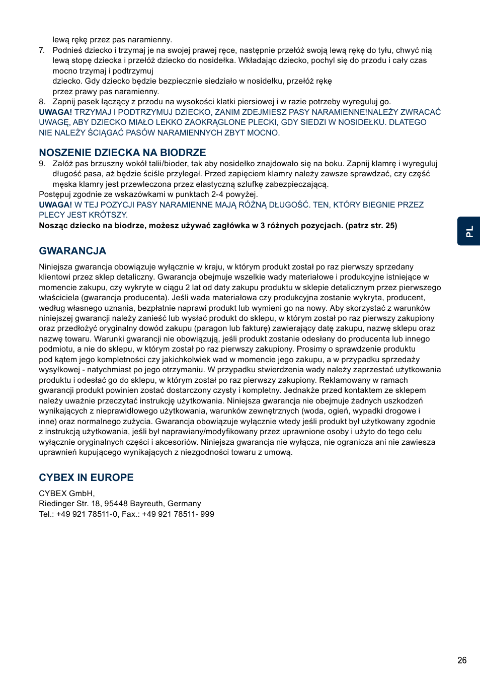 Noszenie dziecka na biodrze, Gwarancja, Cybex in europe | Cybex 2.GO User Manual | Page 30 / 44