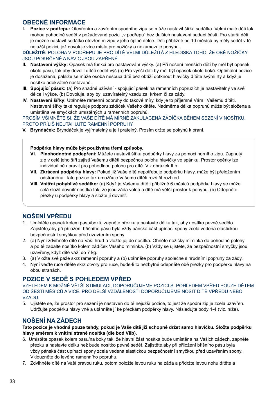 Obecné informace, Nošení vpředu, Pozice v sedě s pohledem vpřed | Nošení na zádech | Cybex 2.GO User Manual | Page 37 / 44
